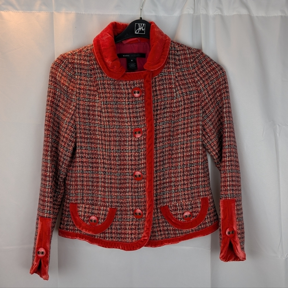 Marc Jacobs Red Tweed Blazer with Velvet Trim Size S In EUC